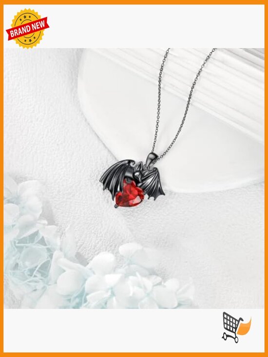 Heart Bat Necklace, Gothic Animal Love Necklace - Etsy 925 Sterling Silver Bat Necklace Red Heart Pendant Gothic Jewelry Gift Box